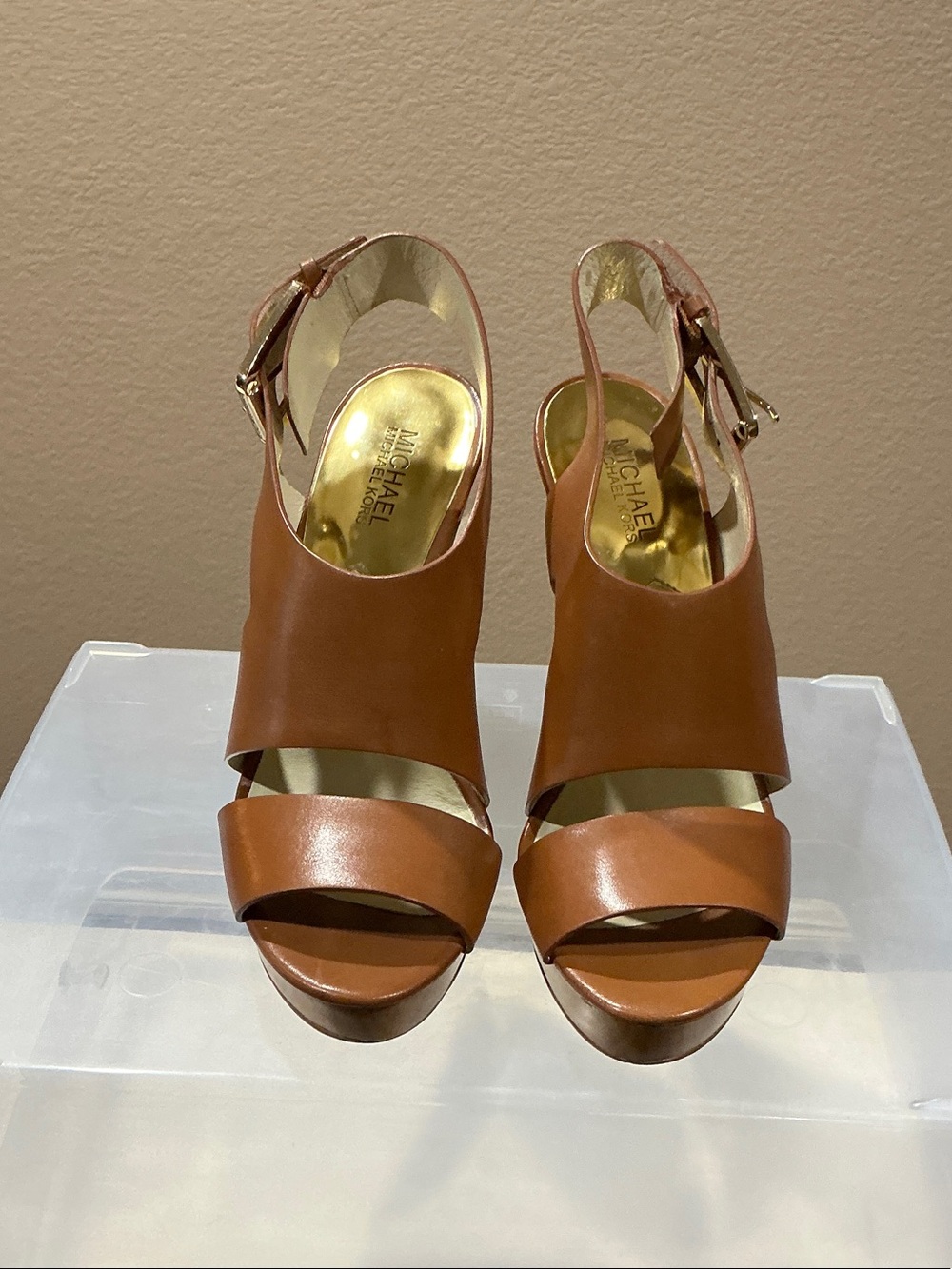 MICHAEL Michael Kors Tan Leather Platform Slingback Heels